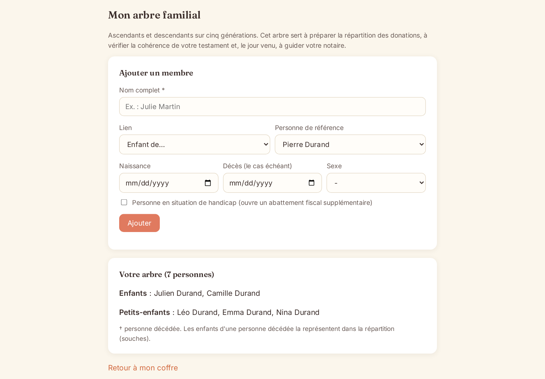Arbre familial : ajout des membres de la famille par générations
