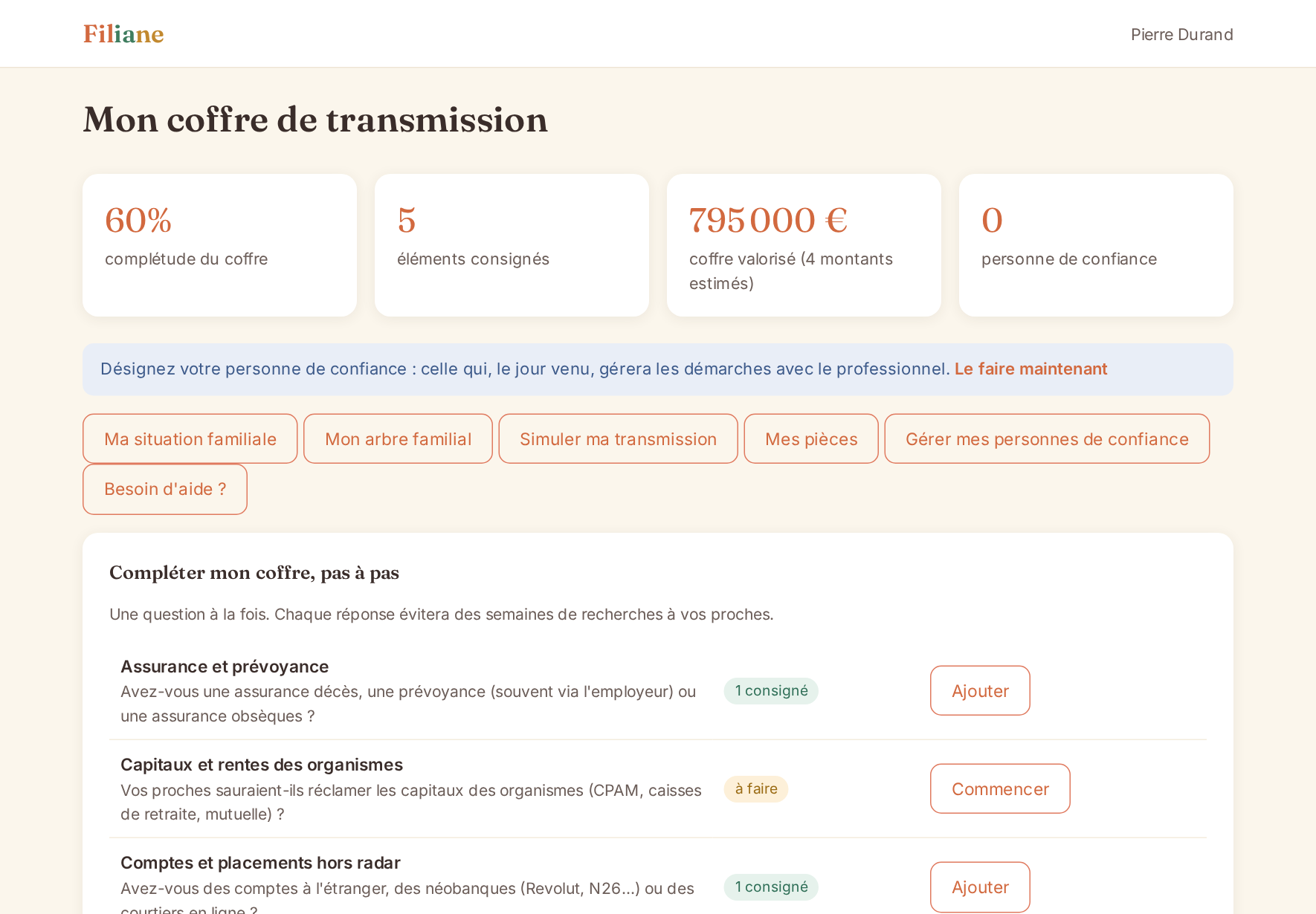 Accueil du coffre de transmission : catégories guidées et score de complétude