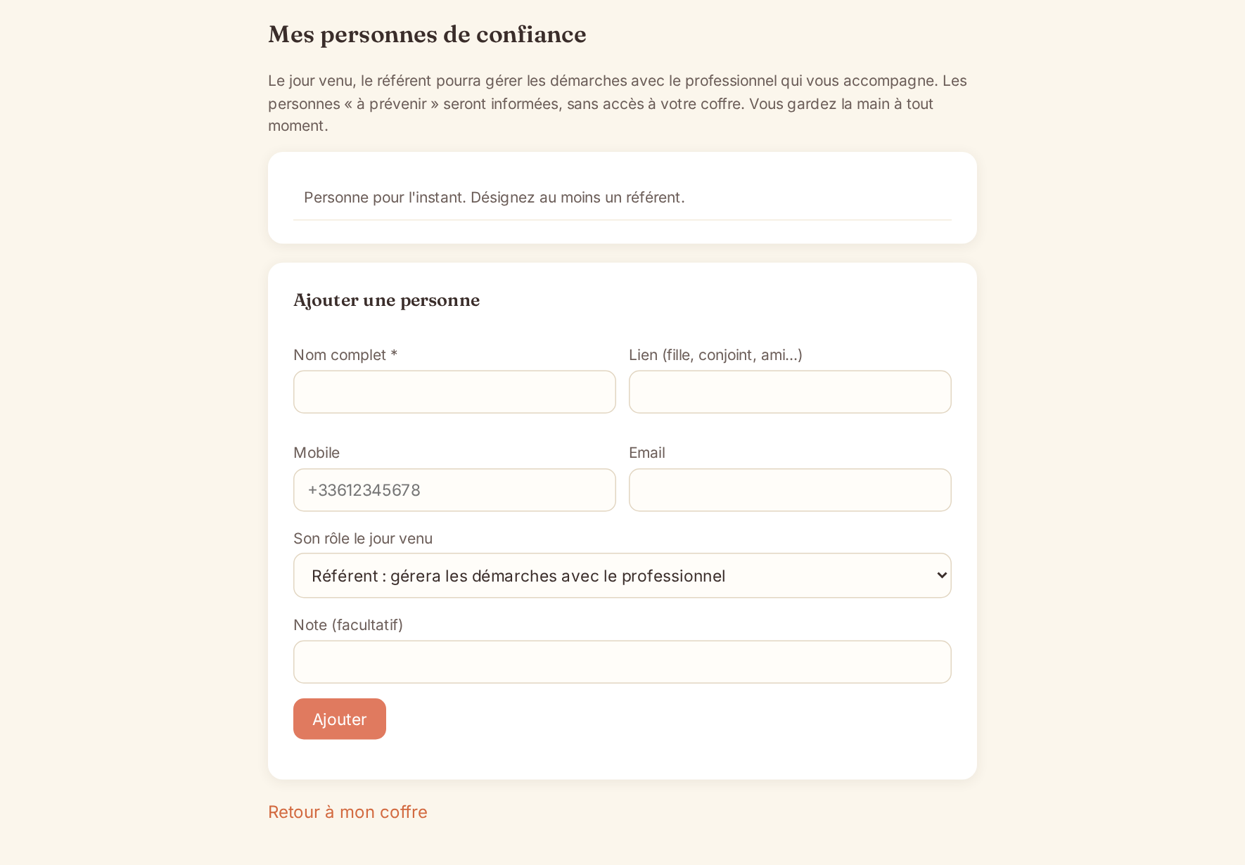 Page personnes de confiance : référent décès, personnes à prévenir