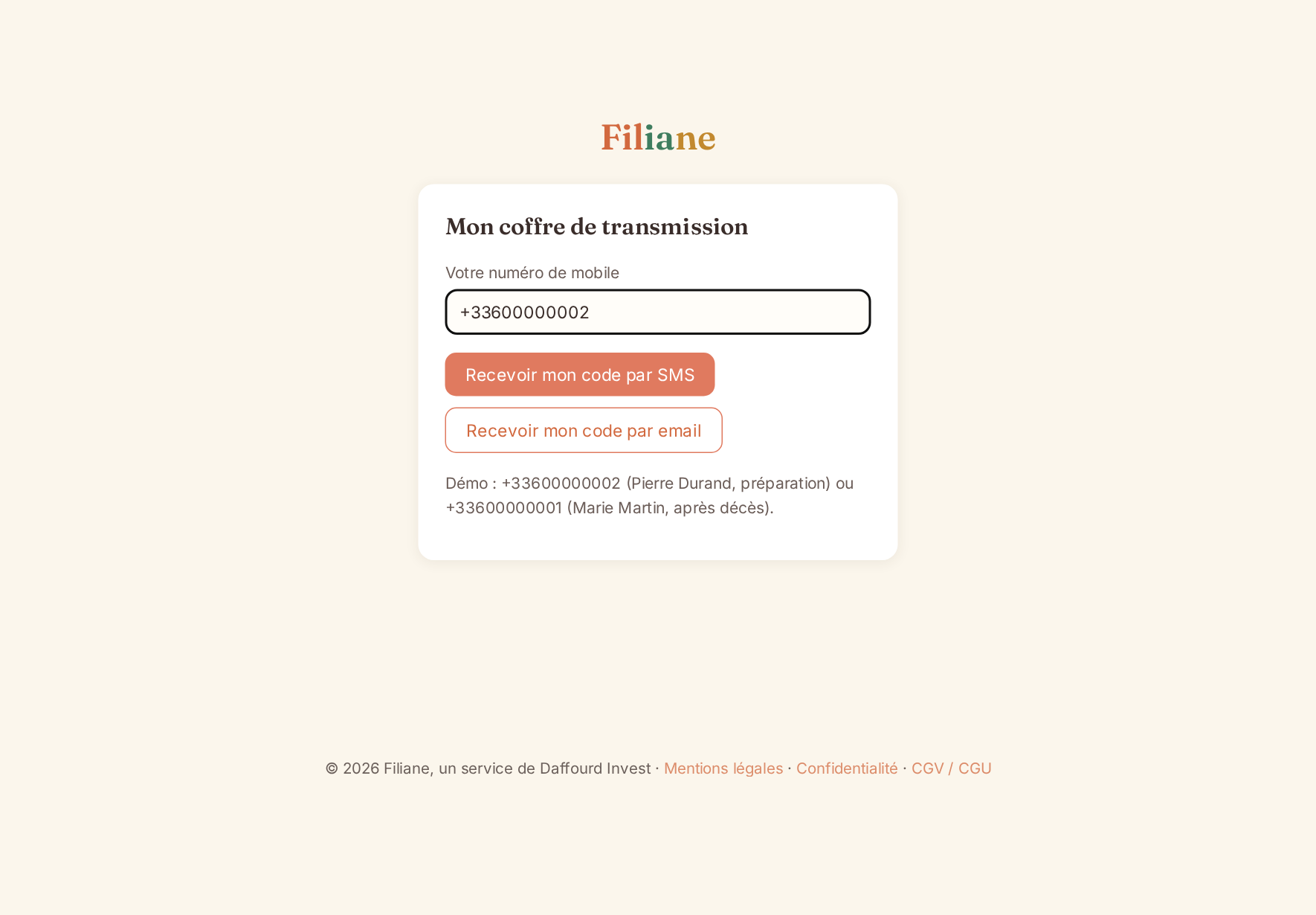 Écran de connexion au coffre : champ pour le numéro de mobile et deux boutons, recevoir mon code par SMS ou par email