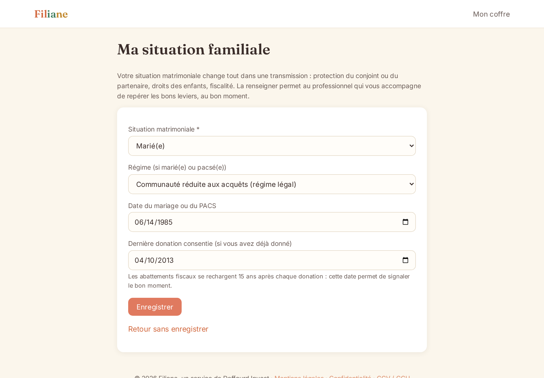 Page situation familiale : statut, régime matrimonial, date